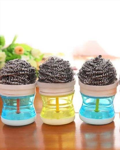 Wire Ball Dish Washing Brush, Steel Wool With Liquid With Liquid Soap Dispenser