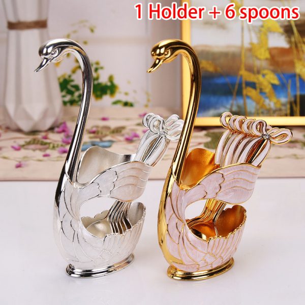 Stainless Steel Silver /Gold Fruit Cake Fork Coffee Tea Spoon Swan Holder Cutlery Set Decor